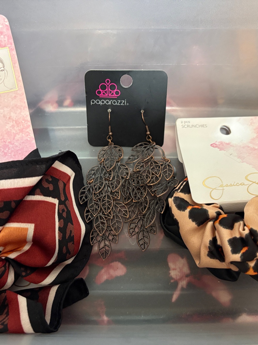 Paparazzi Leaf Filigree Earrings with Mixed Brown & Black Scrunchie Set
